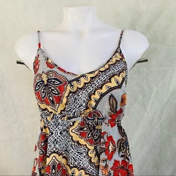 Almost Famous Grey Orange Yellow Spaghetti Strap Pixie BOHO Floral Print Dress M - Picture 3 of 12